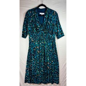 Rena Rowan Dress‎ Womens 16 Teal Blue Abstract Dot Ruched Empire Waist V-Neck